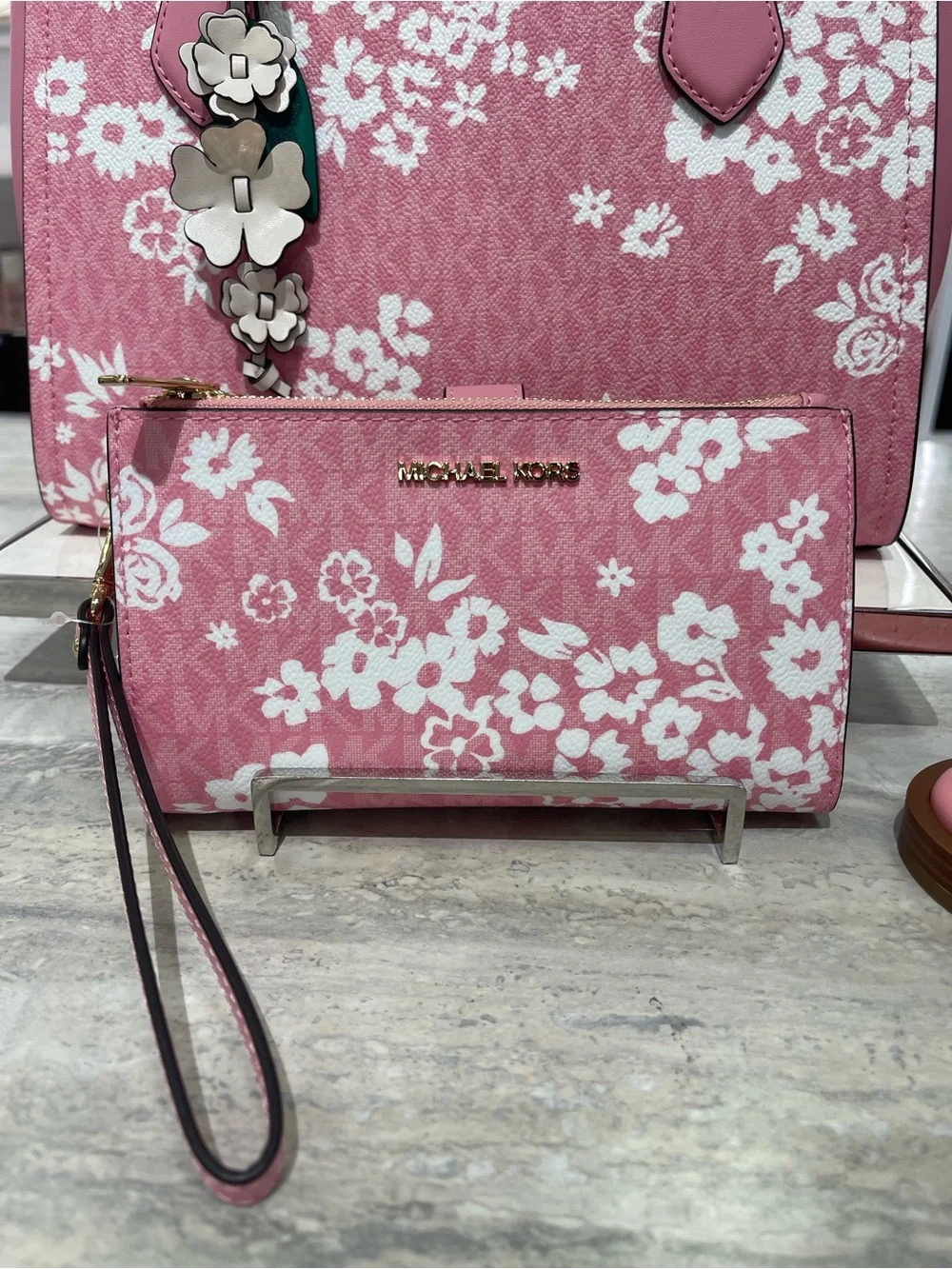 MICHAEL KORS Pink Floral Zip Wallet Wristlet with Gold Hardware